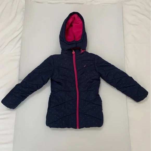 Nautica Puffer coat removable hood navy hot pink subtle polka dots pockets girls